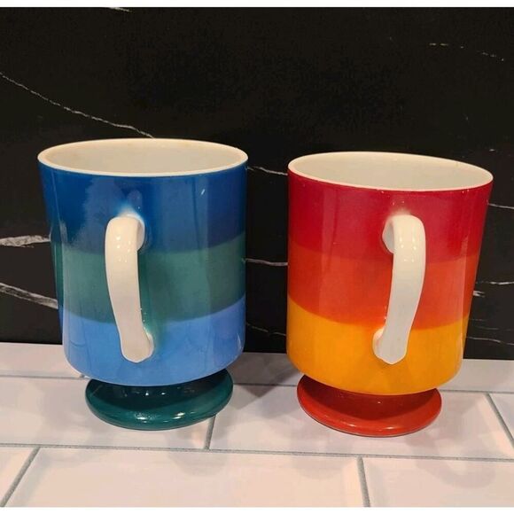 HOLT-HOWARD 1966 Striped Set Of 2 Porcelain Mugs Handles Footed Blue Orange EUC - Picture 5 of 13
